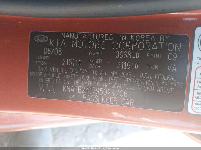 2009 Kia Spectra VIN KNAFE241795024206 IAAI salvage auction — UNDERCARRIAGE, Salvage (Georgia), sold $375 on 2026-08-02 (photo 9)
