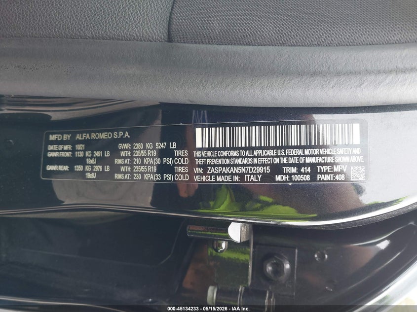 2022 Alfa romeo Stelvio VIN ZASPAKAN5N7D29915 IAAI salvage auction — LEFT FRONT, Salvage (Massachusetts), sold $9,000 on 2026-07-24 (photo 9)