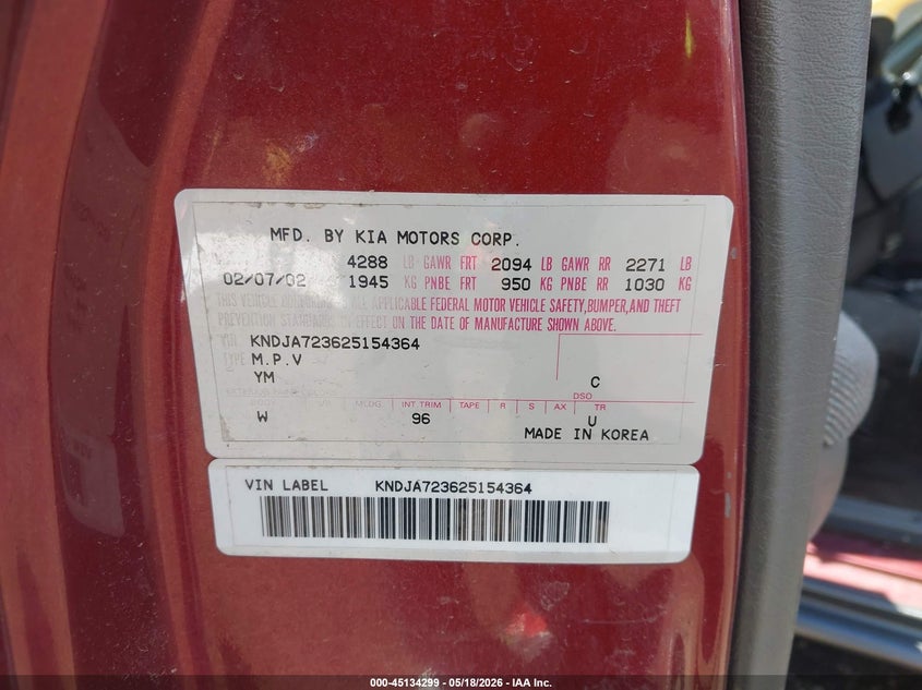 2002 Kia Sportage VIN KNDJA723625154364 IAAI salvage auction — NORMAL WEAR, Salvage (Texas), sold $200 on 2026-07-28 (photo 9)
