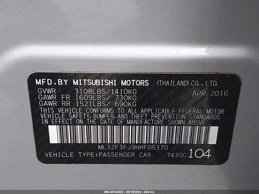 2017 Mitsubishi Mirage VIN ML32F3FJ9HHF05370 IAAI salvage auction — FRONT END, Bill Of Sale (Washington), sold $1,050 on 2026-07-29 (photo 9)