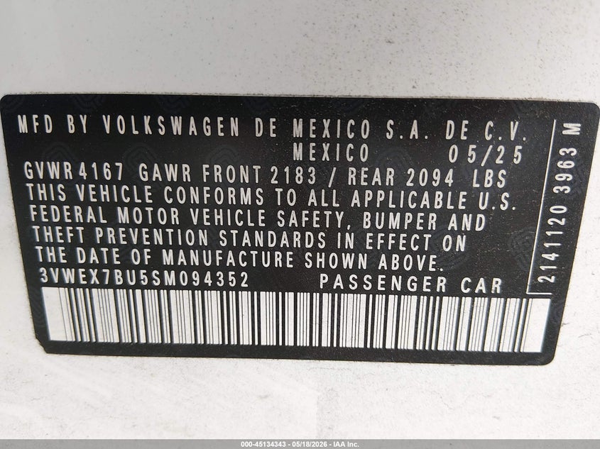 2025 Volkswagen Jetta VIN 3VWEX7BU5SM094352 IAAI salvage auction — SIDE, Salvage (Louisiana), sold $7,600 on 2026-08-06 (photo 9)