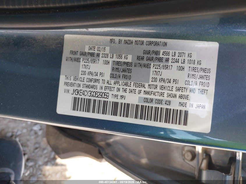 2016 Mazda Cx-5 VIN JM3KE4CY3G0629059 IAAI salvage auction — FRONT & REAR, Salvage (North Carolina), sold $2,500 on 2026-07-31 (photo 9)