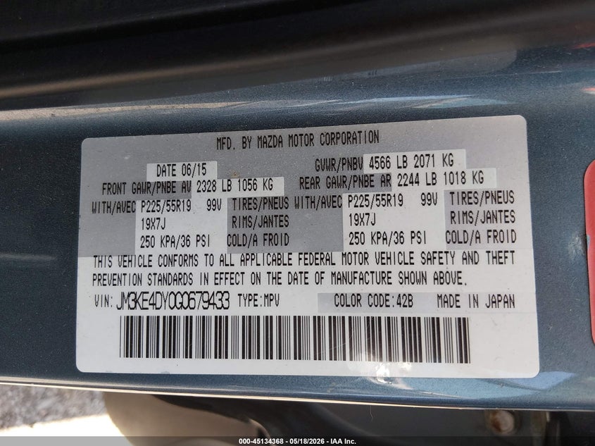 2016 Mazda Cx-5 VIN JM3KE4DY0G0679433 IAAI salvage auction — LEFT FRONT, Salvage (Ohio), sold $3,700 on 2026-07-14 (photo 9)
