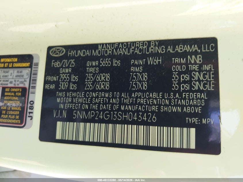 2025 Hyundai Santa fe VIN 5NMP24G13SH043426 IAAI salvage auction — FRONT END, Salvage (Texas), sold $9,300 on 2026-07-30 (photo 9)
