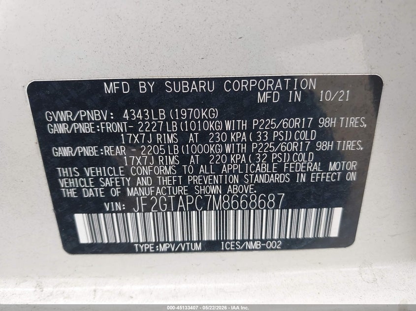 2021 Subaru Xv VIN JF2GTAPC7M8668687 IAAI salvage auction — FRONT END, Salvage Title, sold $3,800 on 2026-07-22 (photo 9)