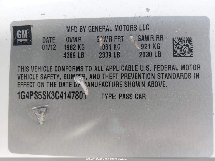2012 Buick Verano VIN 1G4PS5SK3C4147801 IAAI salvage auction — NORMAL WEAR, Clear (Nevada), sold $1,100 on 2026-07-06 (photo 9)