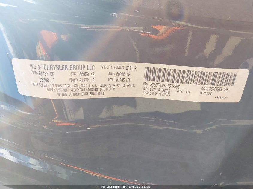 2013 Fiat 500 VIN 3C3CFFCR5DT573885 IAAI salvage auction — NORMAL WEAR, Clear (North Carolina), sold $300 on 2026-07-09 (photo 9)