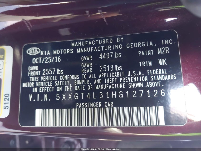 2017 Kia Optima VIN 5XXGT4L31HG127126 IAAI salvage auction — FRONT & REAR, Salvage (North Carolina), sold $1,200 on 2026-07-13 (photo 9)