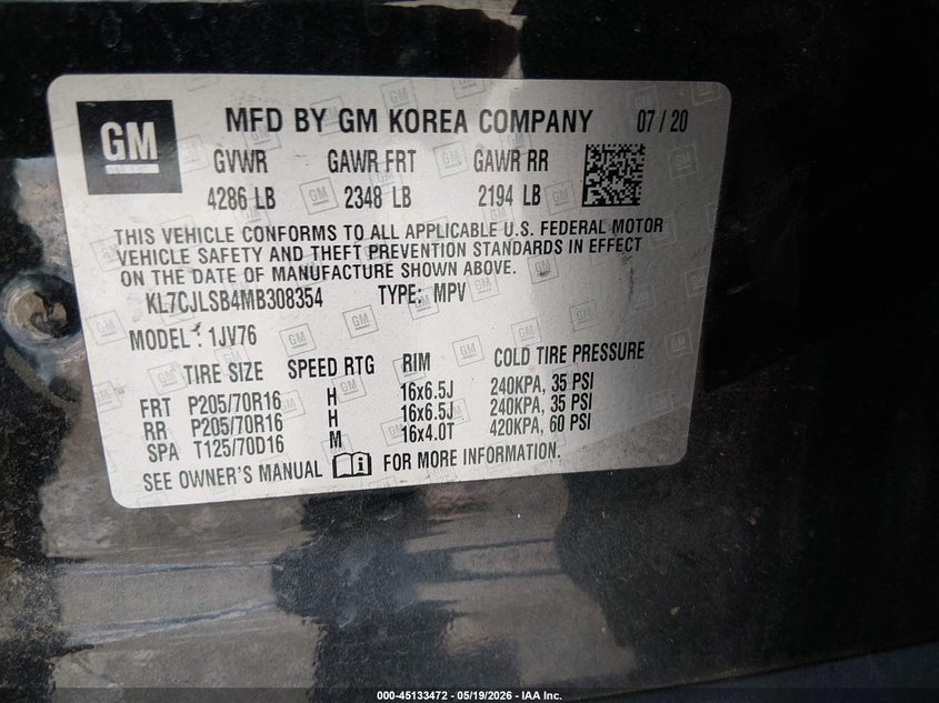 2021 Chevrolet Trax VIN KL7CJLSB4MB308354 IAAI salvage auction — FRONT END, Salvage (South Carolina), sold $925 on 2026-07-10 (photo 9)