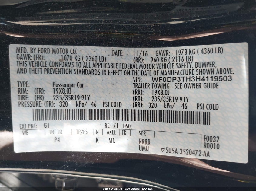 2017 Ford Focus rs VIN WF0DP3TH3H4119503 IAAI salvage auction — FRONT END, Salvage Title, sold $1,700 on 2026-07-22 (photo 9)