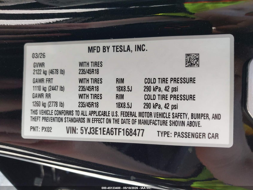 2026 Tesla Model 3 VIN 5YJ3E1EA6TF168477 IAAI salvage auction — RIGHT FRONT, Bill Of Sale (Washington), sold $13,800 on 2026-07-31 (photo 9)