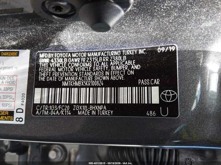 2019 Toyota C-hr VIN NMTKHMBX5KR100824 IAAI salvage auction — FRONT END, Rebuildable (Florida), sold $750 on 2026-07-16 (photo 9)