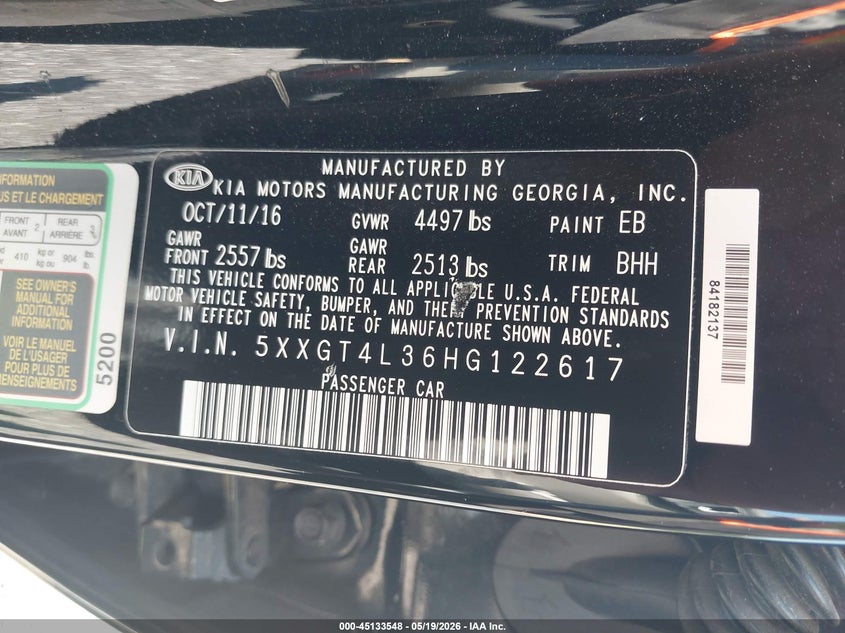 2017 Kia Optima VIN 5XXGT4L36HG122617 IAAI salvage auction — FRONT END, Salvage (South Carolina), sold $1,700 on 2026-07-07 (photo 9)