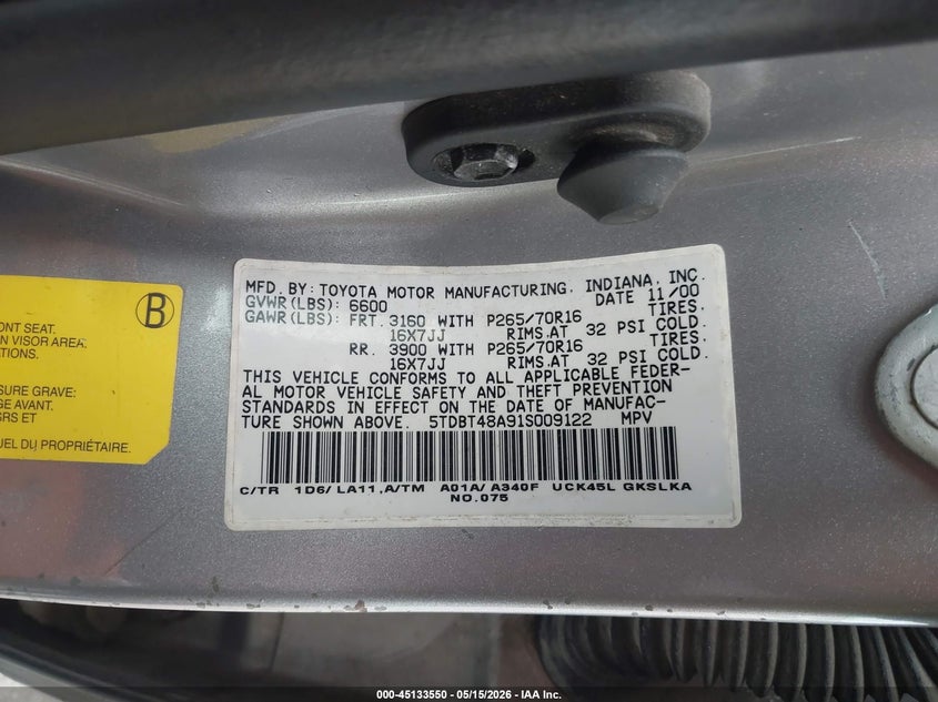 2001 Toyota Sequoia VIN 5TDBT48A91S009122 IAAI salvage auction — NORMAL WEAR, Salvage (Texas), sold $625 on 2026-07-24 (photo 9)