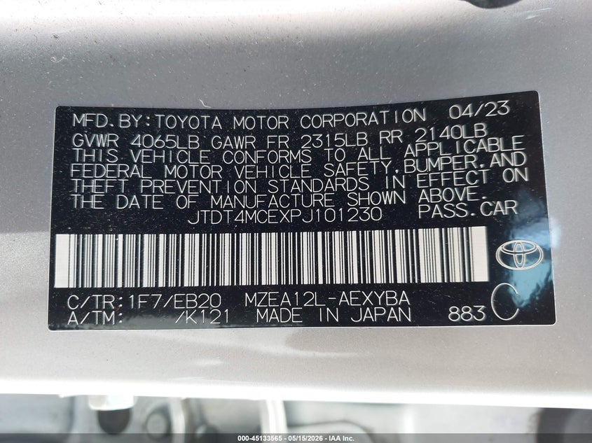 2023 Toyota Corolla VIN JTDT4MCEXPJ101230 IAAI salvage auction — FRONT END, Salvage (California), sold $5,575 on 2026-07-29 (photo 9)
