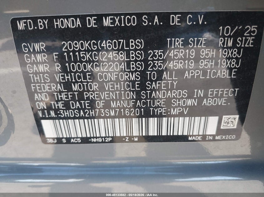 2025 Acura Adx VIN 3HDSA2H73SM716201 IAAI salvage auction — LEFT SIDE, Salvage (California), sold $8,750 on 2026-07-28 (photo 9)