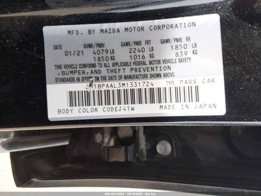 2021 Mazda 3 VIN JM1BPAAL3M1331724 IAAI salvage auction — FRONT END, Salvage (Texas), sold $975 on 2026-07-07 (photo 9)