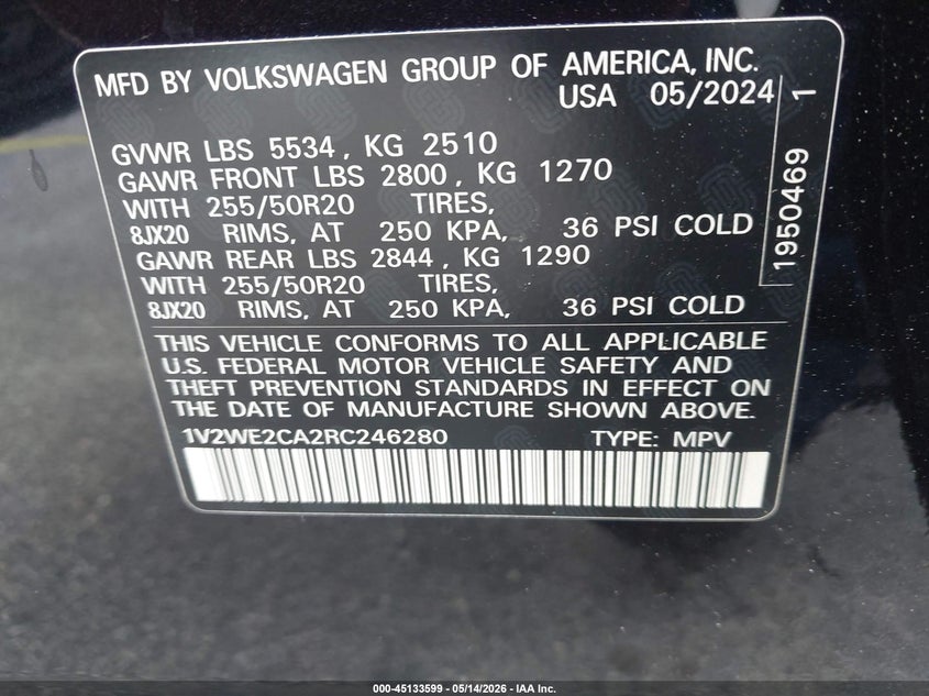 2024 Volkswagen Atlas cross sport VIN 1V2WE2CA2RC246280 IAAI salvage auction — FRONT END, Rebuildable (Florida), sold $4,050 on 2026-08-01 (photo 9)