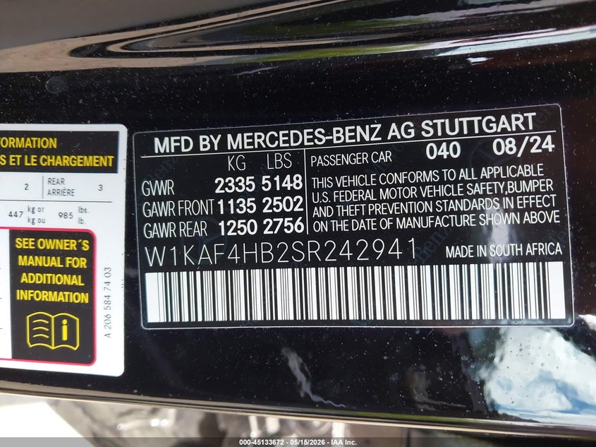 2025 Mercedes-benz C-klasse VIN W1KAF4HB2SR242941 IAAI salvage auction — FRONT END, Salvage (New Jersey), sold $12,500 on 2026-07-15 (photo 9)