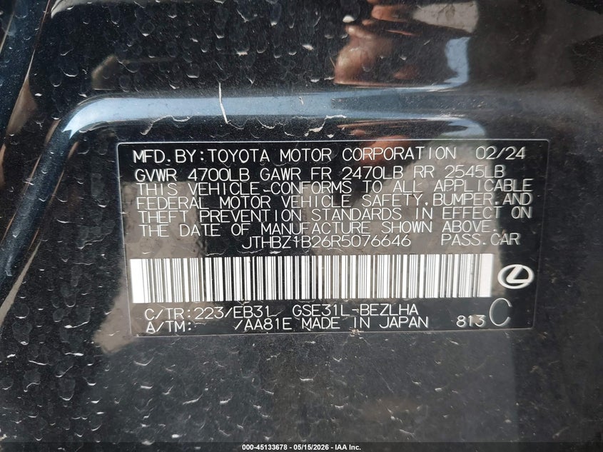2024 Lexus Is VIN JTHBZ1B26R5076646 IAAI salvage auction — REAR END, Salvage (Louisiana), sold $14,650 on 2026-07-20 (photo 9)