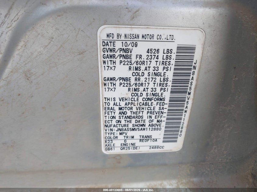 2010 Nissan Rogue VIN JN8AS5MV5AW112880 IAAI salvage auction — NORMAL WEAR, Repossession Paperwork (Georgia), sold $225 on 2026-07-10 (photo 9)