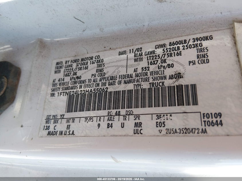 2003 Ford E 250 VIN 1FTNE24L23HA55062 IAAI salvage auction — RIGHT SIDE, Salvage (Alabama), sold $225 on 2026-07-09 (photo 9)