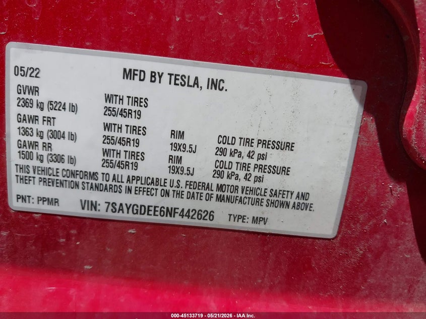 2022 Tesla Model y VIN 7SAYGDEE6NF442626 IAAI salvage auction — ALL OVER, Clear (Michigan), sold $8,600 on 2026-07-10 (photo 9)
