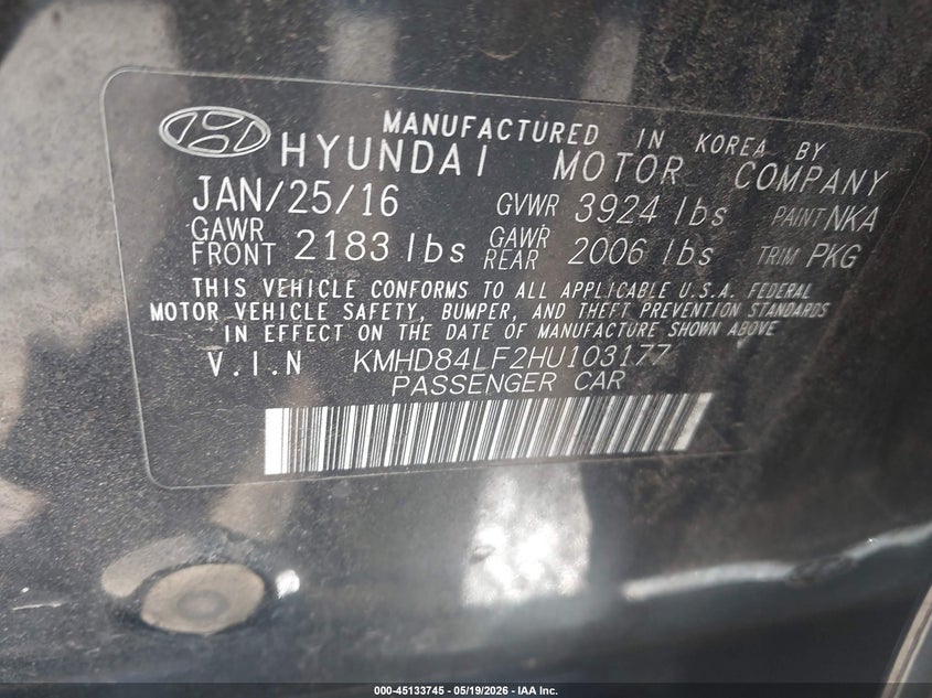 2017 Hyundai Elantra VIN KMHD84LF2HU103177 IAAI salvage auction — FRONT END, Salvage - Greater Than 75% (Maryland), sold $850 on 2026-07-15 (photo 9)