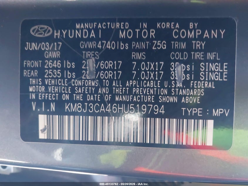 2017 Hyundai Tucson VIN KM8J3CA46HU519794 IAAI salvage auction — FRONT END, Salvage (North Carolina), sold $2,075 on 2026-07-13 (photo 9)