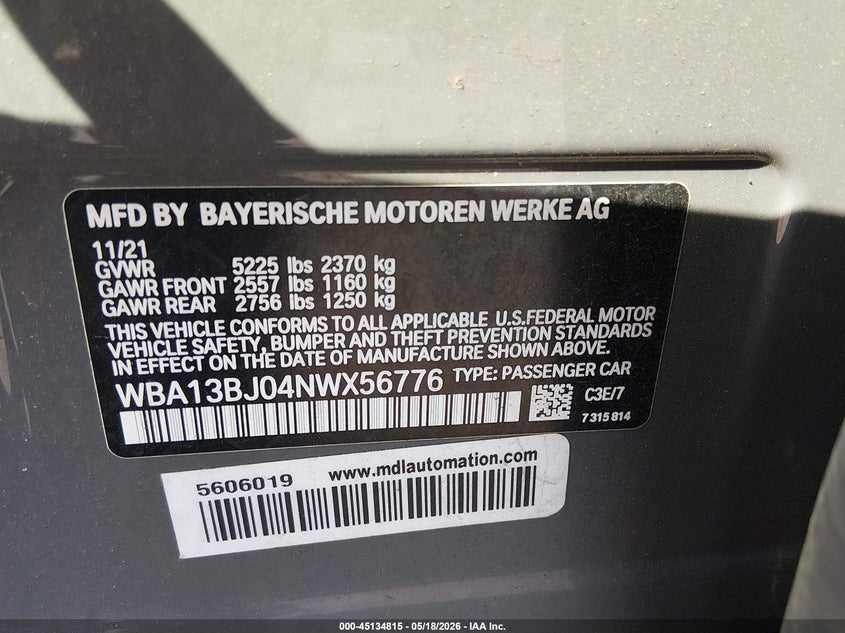 2022 BMW 5er VIN WBA13BJ04NWX56776 IAAI salvage auction — RIGHT FRONT, Salvage (New Jersey), sold $25 on 2026-08-05 (photo 9)