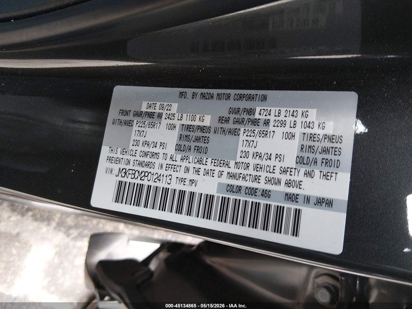 2023 Mazda Cx-5 VIN JM3KFBCM2P0124113 IAAI salvage auction — FRONT END, Salvage (New Jersey), sold $950 on 2026-07-20 (photo 9)