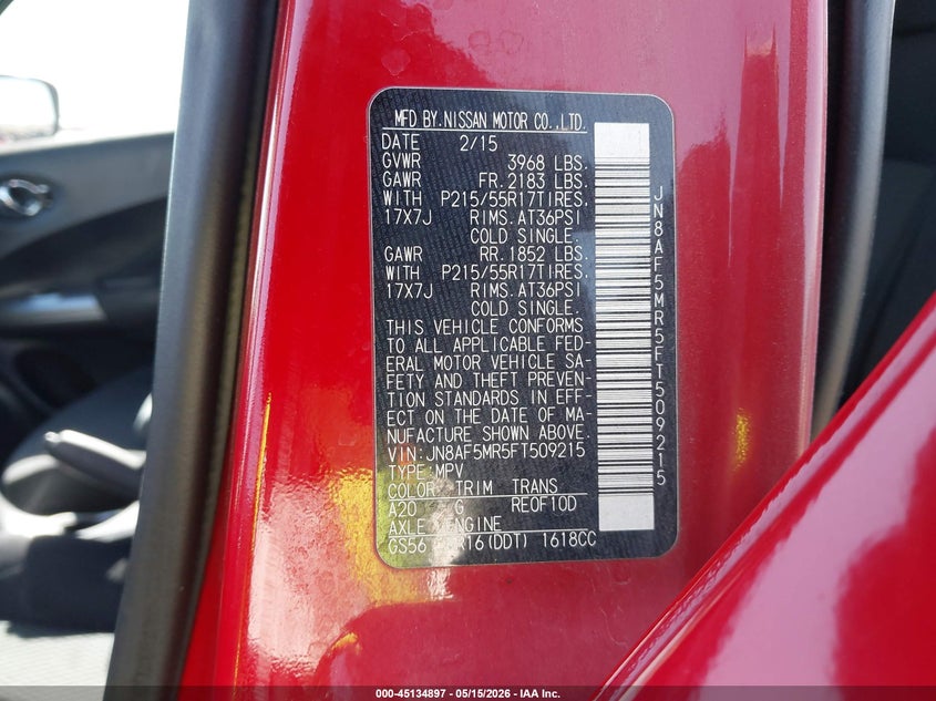 2015 Nissan Juke VIN JN8AF5MR5FT509215 IAAI salvage auction — LEFT FRONT, Salvage (Arizona), sold $1,700 on 2026-07-28 (photo 9)