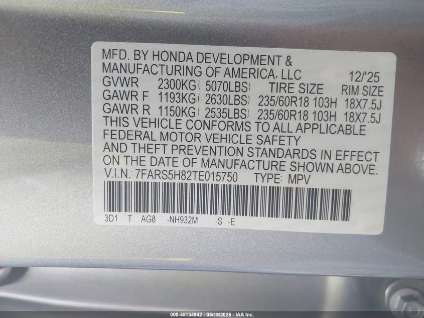 2026 Honda Cr-v VIN 7FARS5H82TE015750 IAAI salvage auction — REAR END, Salvage (California), sold $17,050 on 2026-07-20 (photo 9)