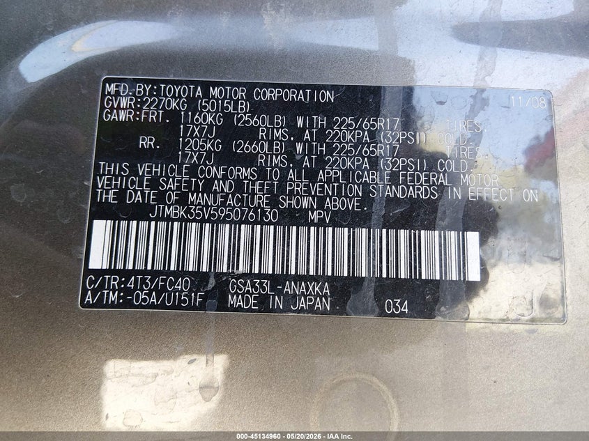 2009 Toyota Rav 4 VIN JTMBK35V595076130 IAAI salvage auction — SIDE, Clear (Montana), sold $3,050 on 2026-07-08 (photo 9)