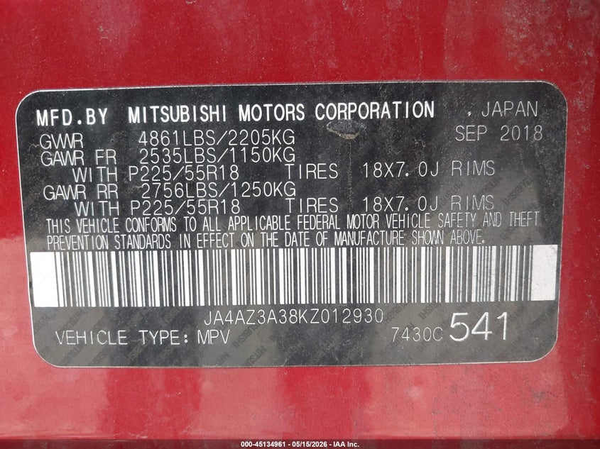 2019 Mitsubishi Outlander VIN JA4AZ3A38KZ012930 IAAI salvage auction — FRONT END, Salvage (Pennsylvania), sold $3,050 on 2026-07-14 (photo 9)