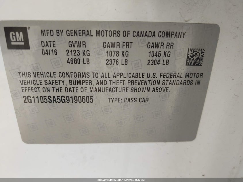 2016 Chevrolet Impala VIN 2G1105SA5G9190605 IAAI salvage auction — FRONT END, Salvage (Ohio), sold $875 on 2026-07-18 (photo 9)