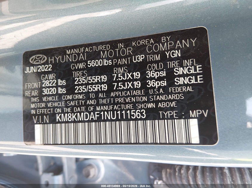 2022 Hyundai Ioniq 5 VIN KM8KMDAF1NU111563 IAAI salvage auction — LEFT REAR, Salvage (Illinois), sold $10,300 on 2026-07-23 (photo 8)