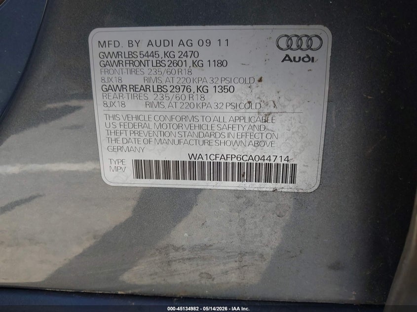 2012 Audi Q5 VIN WA1CFAFP6CA044714 IAAI salvage auction — RIGHT SIDE, Clear - Dealer Only (California), sold $25 on 2026-07-29 (photo 9)