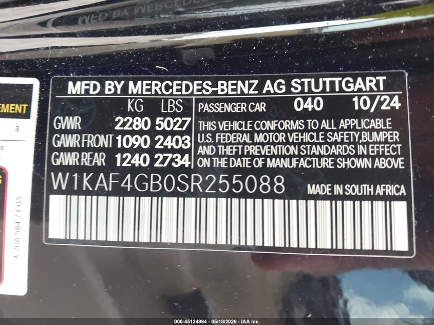 2025 Mercedes-benz C-klasse VIN W1KAF4GB0SR255088 IAAI salvage auction — RIGHT FRONT, Rebuildable (Florida), sold $18,950 on 2026-07-13 (photo 9)