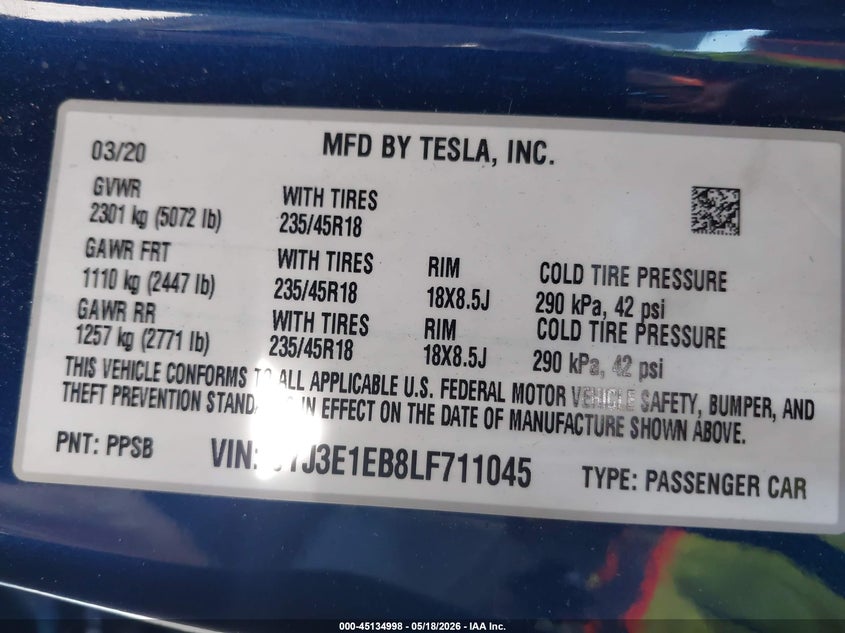 2020 Tesla Model 3 VIN 5YJ3E1EB8LF711045 IAAI salvage auction — LEFT SIDE, Salvage (California), sold $3,750 on 2026-07-13 (photo 9)