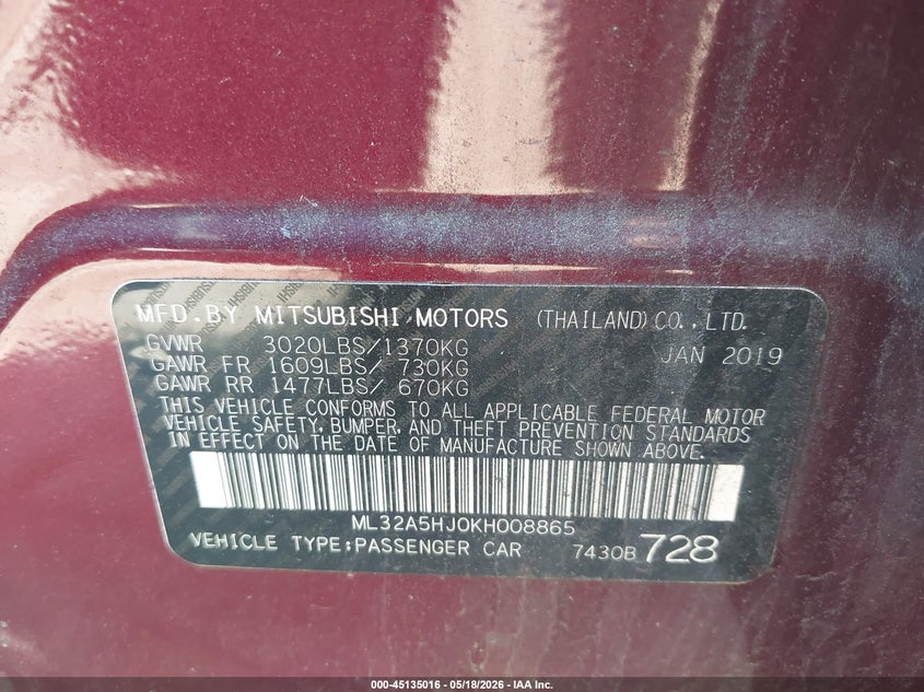 2019 Mitsubishi Mirage VIN ML32A5HJ0KH008865 IAAI salvage auction — LEFT & RIGHT, Salvage - Greater Than 75% (Maryland), sold $1,000 on 2026-07-28 (photo 9)