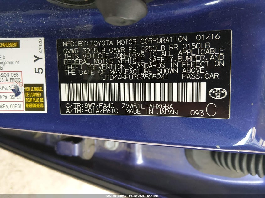 2016 Toyota Prius VIN JTDKARFU7G3505241 IAAI salvage auction — FRONT END, Salvage (Texas), sold $1,650 on 2026-07-14 (photo 9)