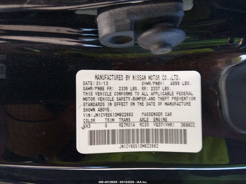 2013 Infiniti G VIN JN1CV6EK1DM922662 IAAI salvage auction — FRONT END, Original (Texas), sold $425 on 2026-07-15 (photo 9)
