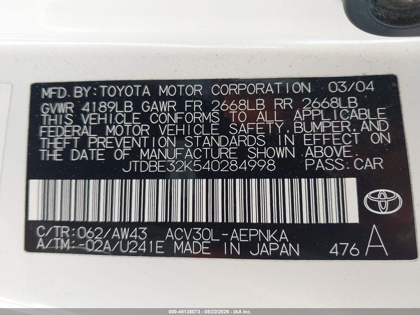 2004 Toyota Camry VIN JTDBE32K540284998 IAAI salvage auction — FRONT END, Salvage (California), sold $50 on 2026-07-21 (photo 9)