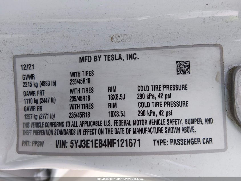 2022 Tesla Model 3 VIN 5YJ3E1EB4NF121671 IAAI salvage auction — LEFT SIDE, Original (Texas), sold $12,900 on 2026-07-14 (photo 9)