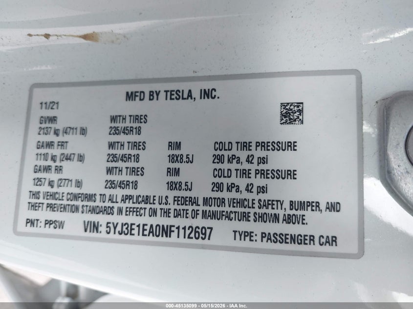 2022 Tesla Model 3 VIN 5YJ3E1EA0NF112697 IAAI salvage auction — LEFT FRONT, Mv-907A (New York), sold $6,650 on 2026-07-14 (photo 9)