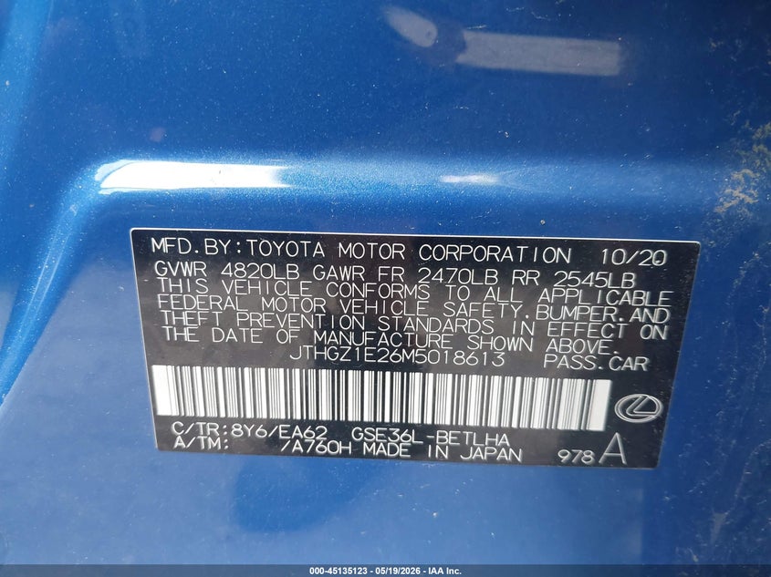 2021 Lexus Is VIN JTHGZ1E26M5018613 IAAI salvage auction — HAIL, Salvage (Ohio), sold $8,100 on 2026-07-28 (photo 9)