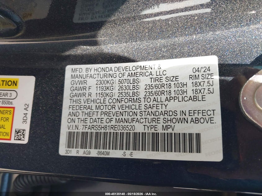 2024 Honda Cr-v VIN 7FARS5H81RE036520 IAAI salvage auction — LEFT FRONT, Original (Texas), sold $14,650 on 2026-07-08 (photo 9)