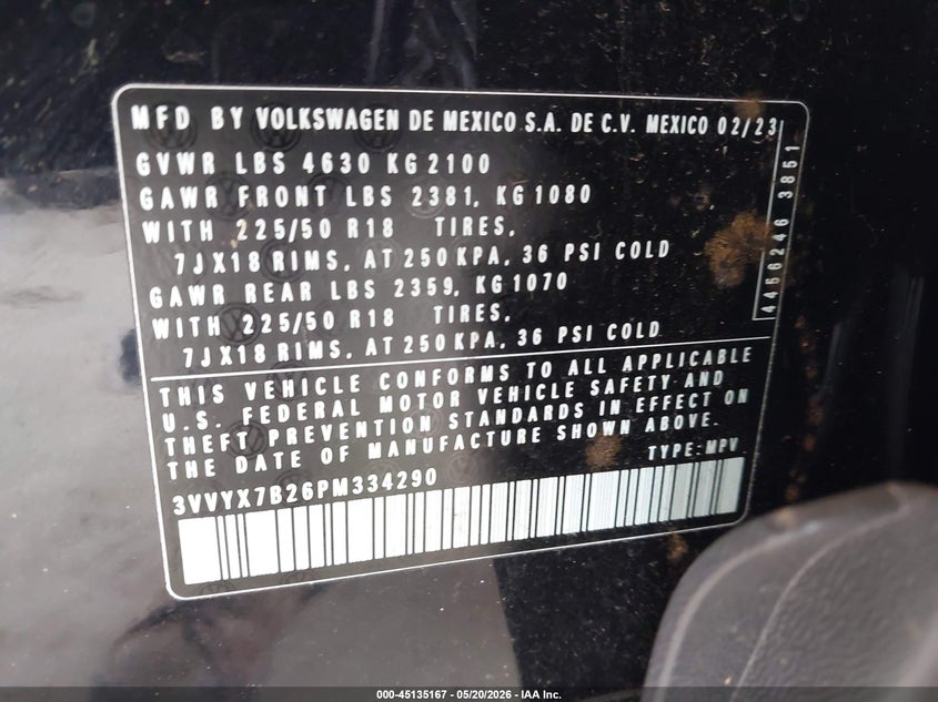 2023 Volkswagen Taos VIN 3VVYX7B26PM334290 IAAI salvage auction — LEFT REAR, Bill Of Sale (Washington), sold $9,200 on 2026-07-29 (photo 9)