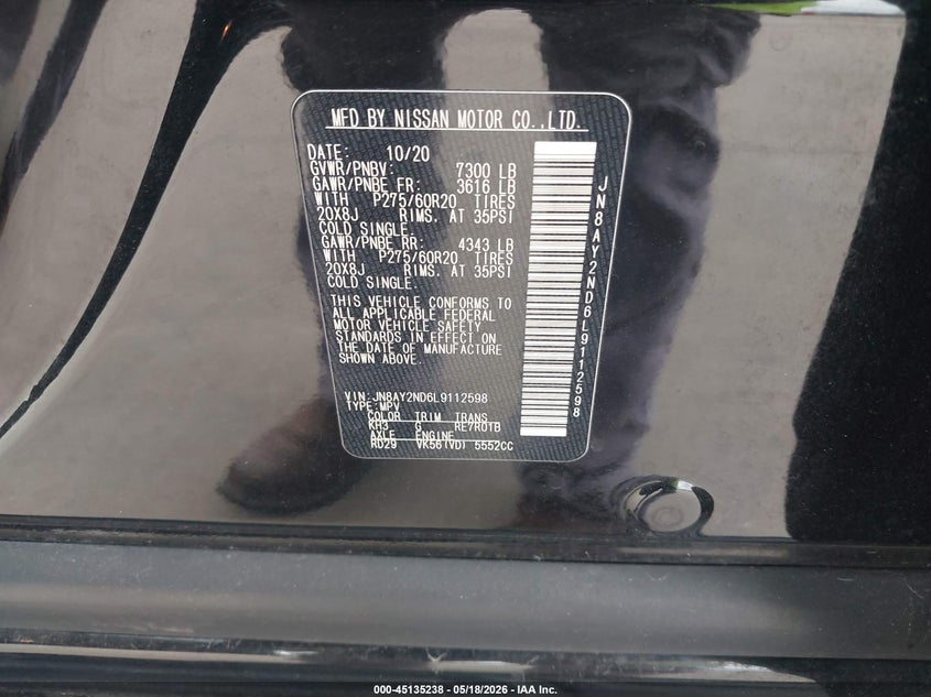 2020 Nissan Armada VIN JN8AY2ND6L9112598 IAAI salvage auction — FRONT END, Original (Texas), sold $5,950 on 2026-07-31 (photo 9)